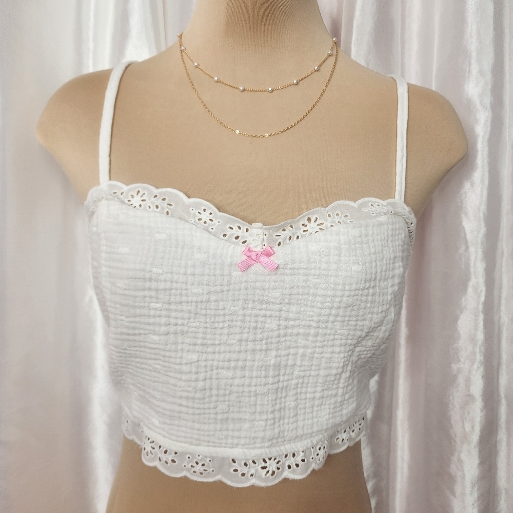106. Forever 21, White Eyelet Bow Crop Top –  Size Large